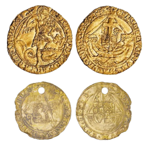 Top: AV angel of Richard III, 1483-5 (PASID LEIC-E209C1) Bottom: AV angel of James I, 1615-6 (PASID LEIC-C684F6).  Used on a CC-BY SA licence from © The Portable Antiquities Scheme/ The Trustees of the British Museum