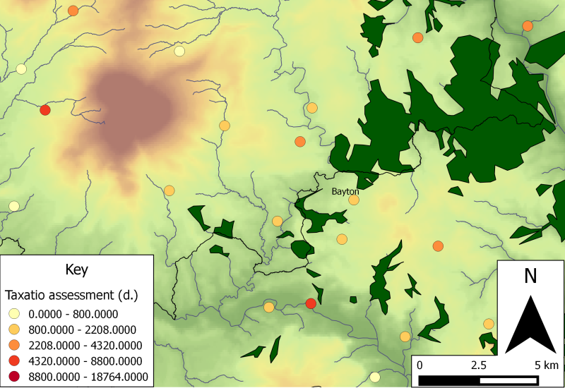 Taxatio assessments for NW Worcs/SE Salop in the later 13th century; the redder the dot, the higher the tax value ( Contains Ordnance Survey data © Crown copyright and database right 2014 and data available from U.S. Geological Survey).